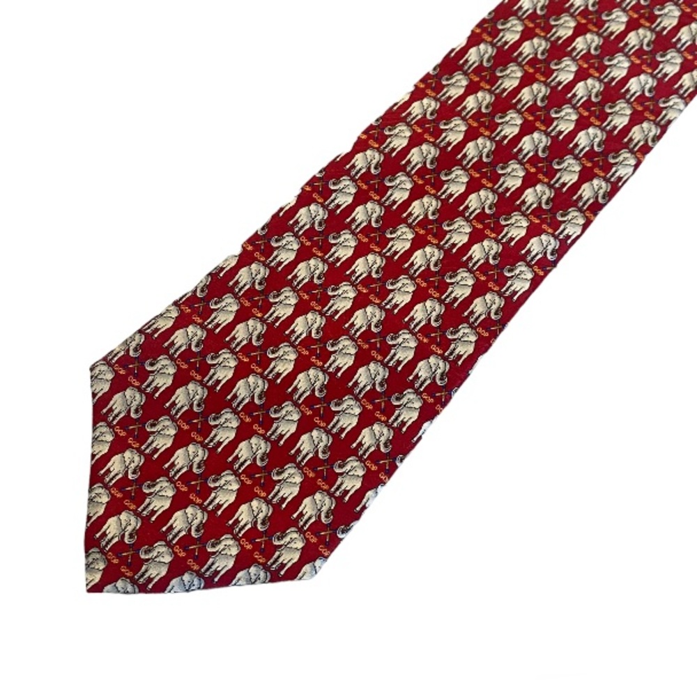 Museum Artifacts Neck Tie Mens Red Silk Elephant Patriotic American